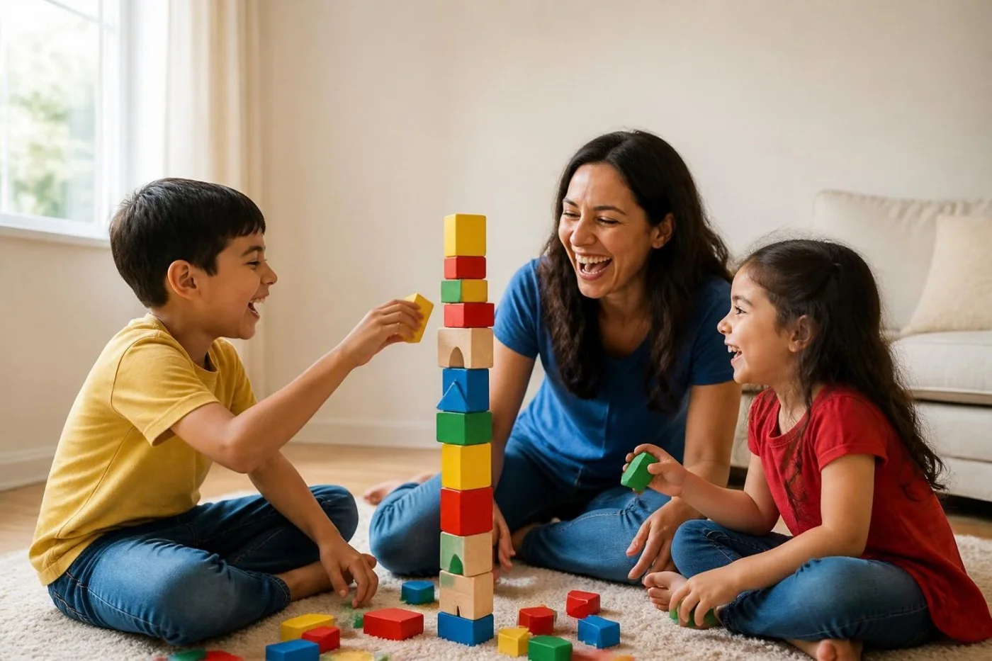A mom laughing and playing blocks with her two kids