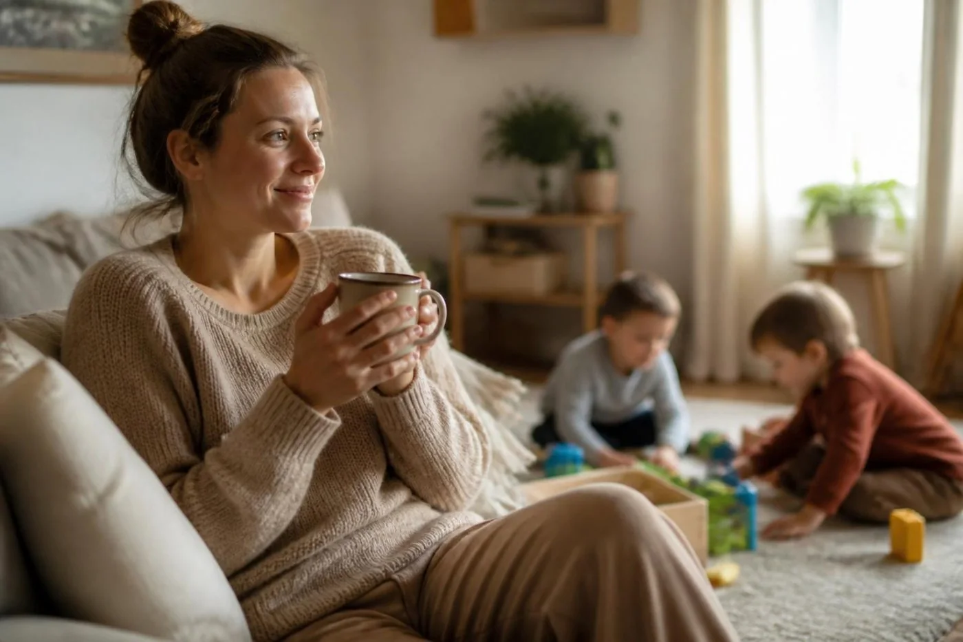 A mom relaxing with a coffee while her kids play